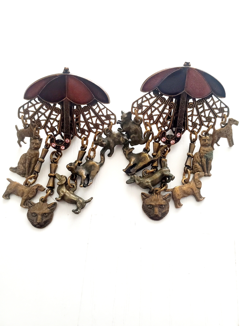Clip Brass Raining Cats & Dogs Charm Dangle Earrings with Brown Enamel - Vintage